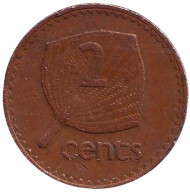 Монета 2 цента. 1969 год, Фиджи. Веерная пальма. Монета 2 цента. 1969 год, Фиджи. Веерная пальма.