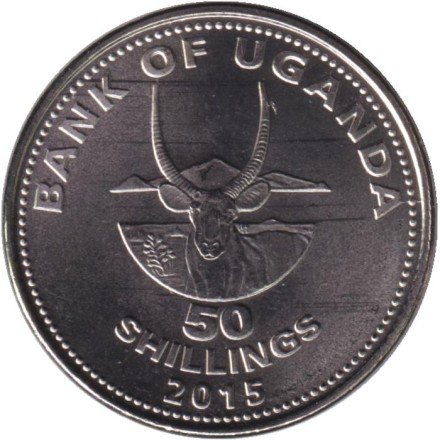Монета 50 шиллингов. 2015 год, Уганда. Антилопа. Монета 50 шиллингов. 2015 год, Уганда. Антилопа.
