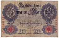 Рейхсбанкнота 20 марок. 1908 год, Германская империя. Рейхсбанкнота 20 марок. 1908 год, Германская империя.