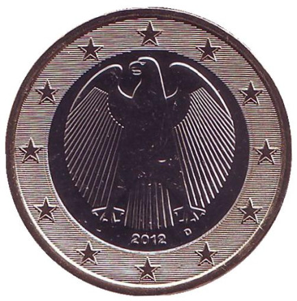 Монета 1 евро. 2012 год (D), Германия.