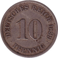 Монета 10 пфеннигов. 1899 год (J), Германская империя. Монета 10 пфеннигов. 1899 год (J), Германская империя.