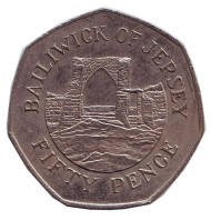 Монета 50 пенсов. 1989 год, Джерси. Замок Гросне. Монета 50 пенсов. 1989 год, Джерси. Замок Гросне.