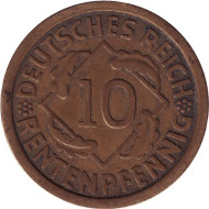 Монета 10 рентенпфеннигов. 1923 год (G), Веймарская республика. Монета 10 рентенпфеннигов. 1923 год (G), Веймарская республика.