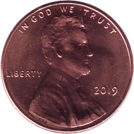 Монета 1 цент. 2019 год (Без отметки монетного двора), США. Линкольн. Монета 1 цент. 2019 год (Без отметки монетного двора), США. Линкольн.