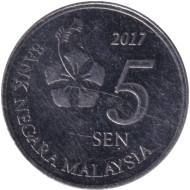 Монета 5 сен. 2017 год, Малайзия. Монета 5 сен. 2017 год, Малайзия.