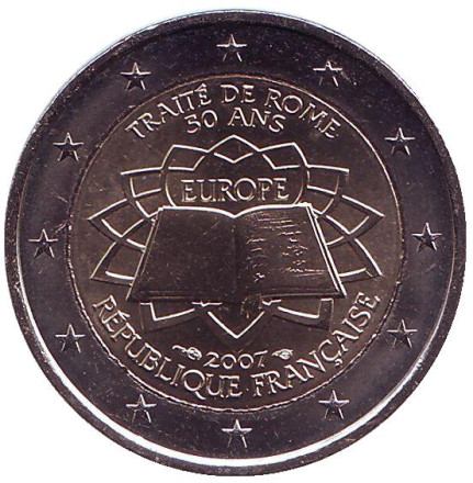 Монета 2 евро. 2007 год, Франция. Римский договор.