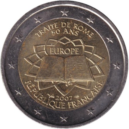 Монета 2 евро. 2007 год, Франция. Римский договор. Монета 2 евро. 2007 год, Франция. Римский договор.