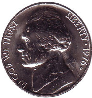 Монета 5 центов. 1976 год (D), США. UNC. Джефферсон. Монтичелло. Монета 5 центов. 1976 год (D), США. UNC. Джефферсон. Монтичелло.