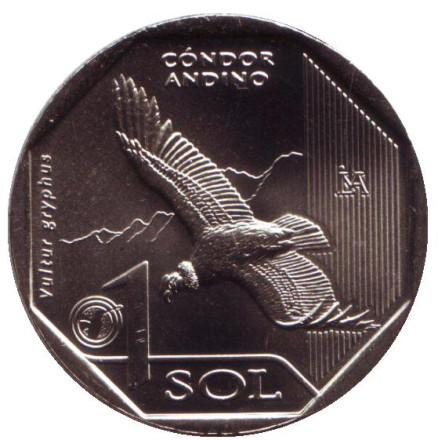 Монета 1 соль. 2017 год, Перу. Андский кондор. Фауна Перу.