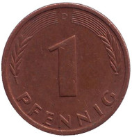 Монета 1 пфенниг. 1981 год (D), ФРГ. Дубовые листья. Монета 1 пфенниг. 1981 год (D), ФРГ. Дубовые листья.
