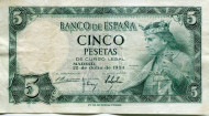 Банкнота 5 песет. 1954 год, Испания. Банкнота 5 песет. 1954 год, Испания.
