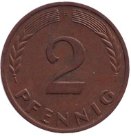 Монета 2 пфеннига. 1950 год (F), ФРГ. Дубовые листья. Монета 2 пфеннига. 1950 год (F), ФРГ. Дубовые листья.