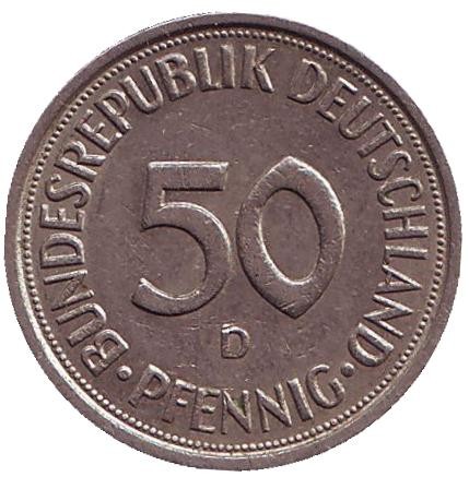 Монета 50 пфеннигов. 1981 (D) год, ФРГ. Женщина, сажающая дуб. Монета 50 пфеннигов. 1981 (D) год, ФРГ. Женщина, сажающая дуб.