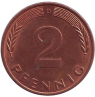 Монета 2 пфеннига. 1981 год (D), ФРГ. Дубовые листья. Монета 2 пфеннига. 1981 год (D), ФРГ. Дубовые листья.