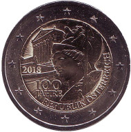 Монета 2 евро. 2018 год, Австрия. 100 лет Австрийской Республике. Монета 2 евро. 2018 год, Австрия. 100 лет Австрийской Республике.