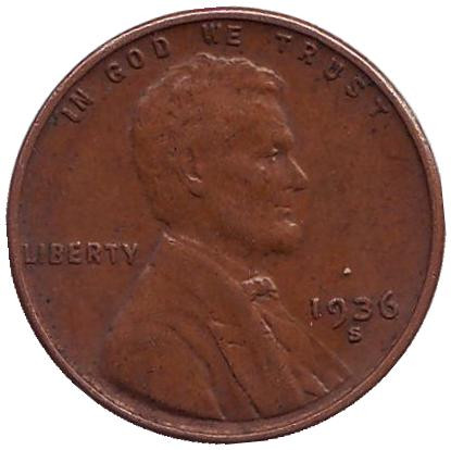 Монета 1 цент. 1936 год (S), США. Линкольн.
