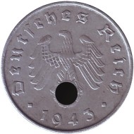 Монета 10 рейхспфеннигов. 1943 год, Германия (Третий Рейх). (D). Монета 10 рейхспфеннигов. 1943 год, Германия (Третий Рейх). (D).