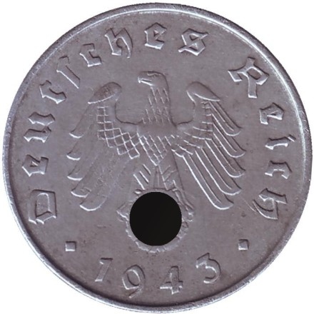 Монета 10 рейхспфеннигов. 1943 год, Германия (Третий Рейх). (D). Монета 10 рейхспфеннигов. 1943 год, Германия (Третий Рейх). (D).