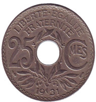 Монета 25 сантимов. 1931 год, Франция. Монета 25 сантимов. 1931 год, Франция.