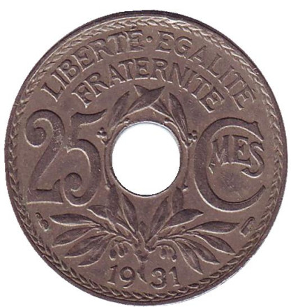 Монета 25 сантимов. 1931 год, Франция.