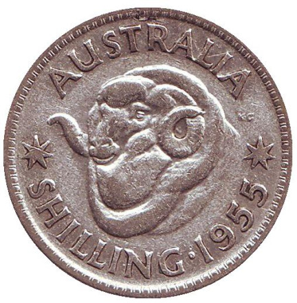 Монета 1 шиллинг. 1955 год, Австралия. Баран.