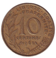 Монета 10 сантимов. 1965 год, Франция. Монета 10 сантимов. 1965 год, Франция.