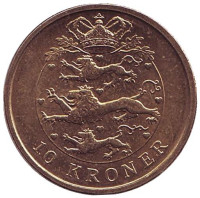 Монета 10 крон. 2008 год, Дания. Из обращения.