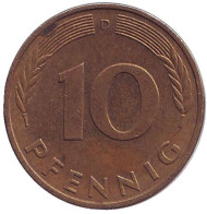 Монета 10 пфеннигов. 1979 год (D), ФРГ. Дубовые листья. Монета 10 пфеннигов. 1979 год (D), ФРГ. Дубовые листья.