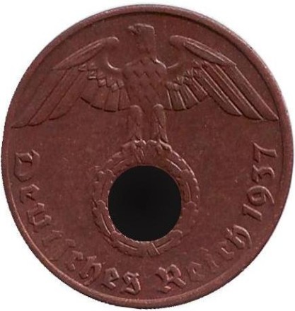 Монета 1 рейхспфенниг. 1937 год, Германия (Третий Рейх). (A).