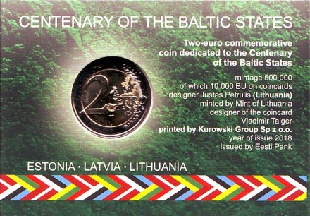 Монета 2 евро. 2018 год, Эстония. (в коинкарте) 100-летие независимости прибалтийских государств.