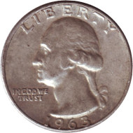 Монета 25 центов. 1963 год, США. (Отметка монетного двора D). Вашингтон. Монета 25 центов. 1963 год, США. (Отметка монетного двора D). Вашингтон.