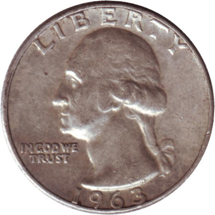Монета 25 центов. 1963 год, США. (Отметка монетного двора D). Вашингтон.
