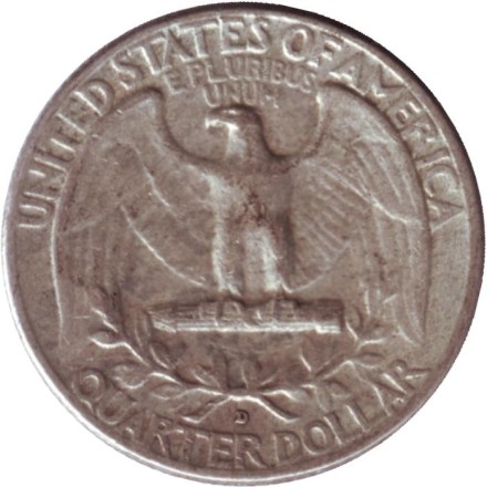 Монета 25 центов. 1963 год, США. (Отметка монетного двора D). Вашингтон. Монета 25 центов. 1963 год, США. (Отметка монетного двора D). Вашингтон.