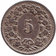 Монета 5 раппенов. 1906 год, Швейцария. Монета 5 раппенов. 1906 год, Швейцария.