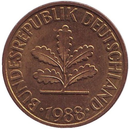 Монета 10 пфеннигов. 1988 год (D), ФРГ. Дубовые листья.