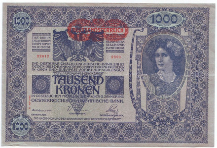 Банкнота 1000 крон. 1902 (1919) год, Австро-Венгрия. (Надпечатка). Тип 4. "II AUFLAGE". Банкнота 1000 крон. 1902 (1919) год, Австро-Венгрия. (Надпечатка). Тип 4. "II AUFLAGE".