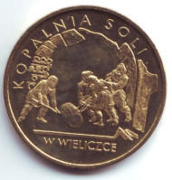 Монета 2 злотых. 2001 год, Польша. Соляная шахта в Величке.