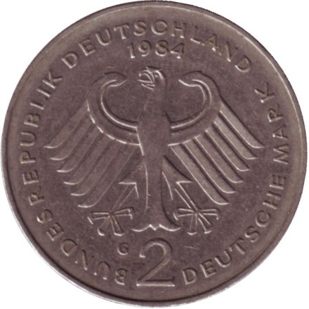 Монета 2 марки. 1984 год (G), ФРГ. Теодор Хойс.