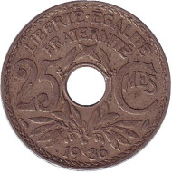 Монета 25 сантимов. 1936 год, Франция. Монета 25 сантимов. 1936 год, Франция.