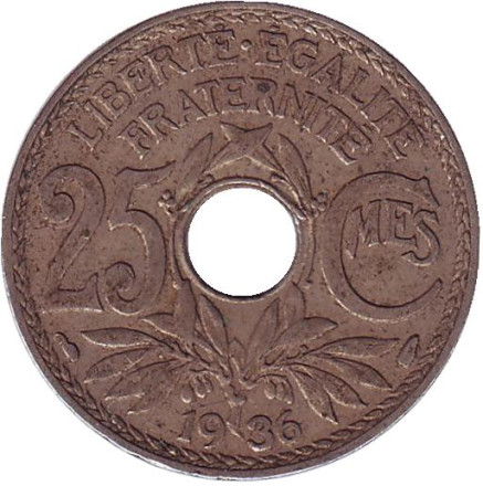 Монета 25 сантимов. 1936 год, Франция.