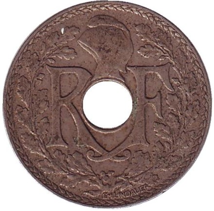 Монета 25 сантимов. 1936 год, Франция. Монета 25 сантимов. 1936 год, Франция.