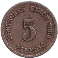 Монета 5 пфеннигов. 1906 год (F), Германская империя. Монета 5 пфеннигов. 1906 год (F), Германская империя.