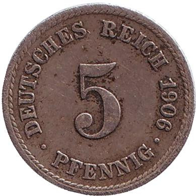 Монета 5 пфеннигов. 1906 год (F), Германская империя.