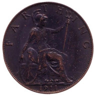 Монета 1 фартинг. 1911 год, Великобритания.