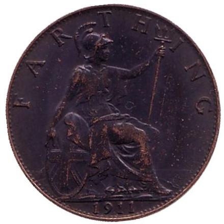 Монета 1 фартинг. 1911 год, Великобритания.