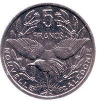 Птица кагу. Монета 5 франков. 1991 год, Новая Каледония. UNC.