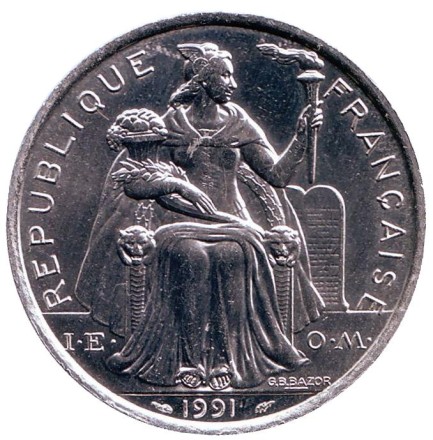 Монета 5 франков. 1991 год, Новая Каледония. UNC. Птица кагу.