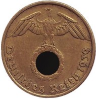 Монета 5 рейхспфеннигов. 1939 год, Германия (Третий Рейх). (A). Монета 5 рейхспфеннигов. 1939 год, Германия (Третий Рейх). (A).