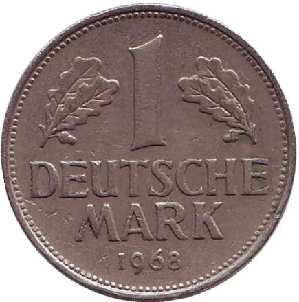 Монета 1 марка. 1968 год (D), ФРГ.