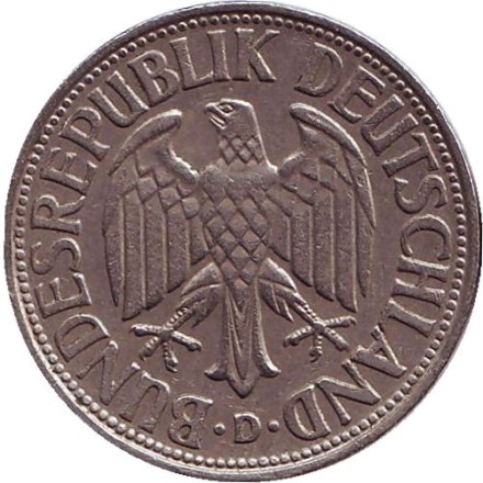Монета 1 марка. 1968 год (D), ФРГ. Монета 1 марка. 1968 год (D), ФРГ.